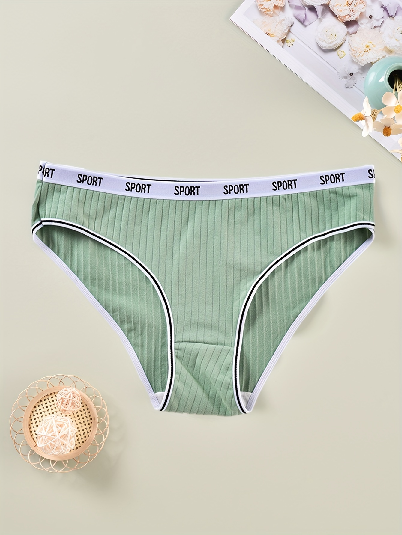 5 Pack Plus Size Sports Panties Set Women's Plus Ribbed Knit Contrast Letter Tap