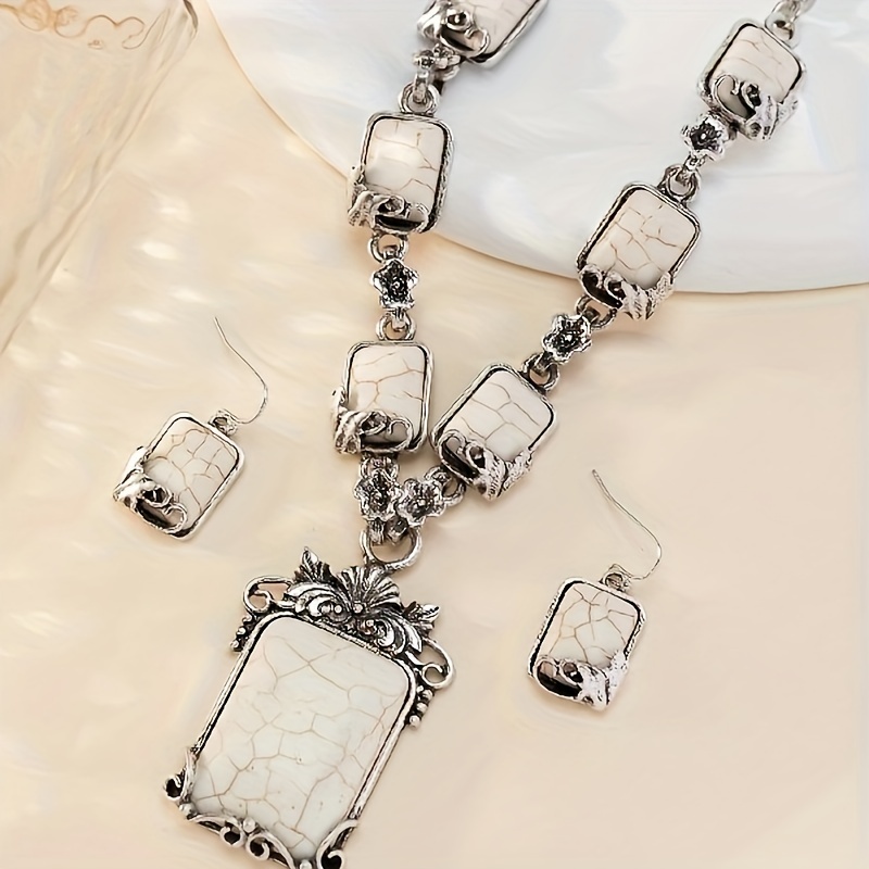 3pcs earrings plus necklace boho style jewelry set silver plated inlaid turquoise match daily outfits perfect birthday gift for her details 3