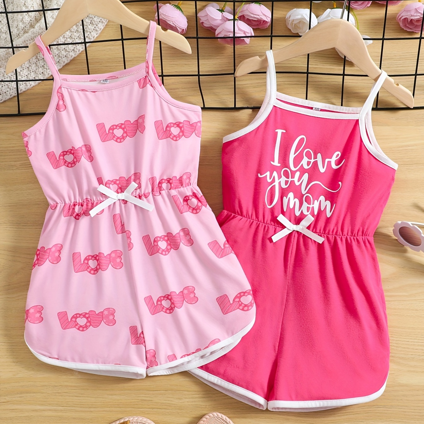 

2pcs Toddler Girls Heart And Letter Graphic Color Block Trim Bow Front Cami Rompers Jumpsuits For Mother's Day Kids Summer Clothes