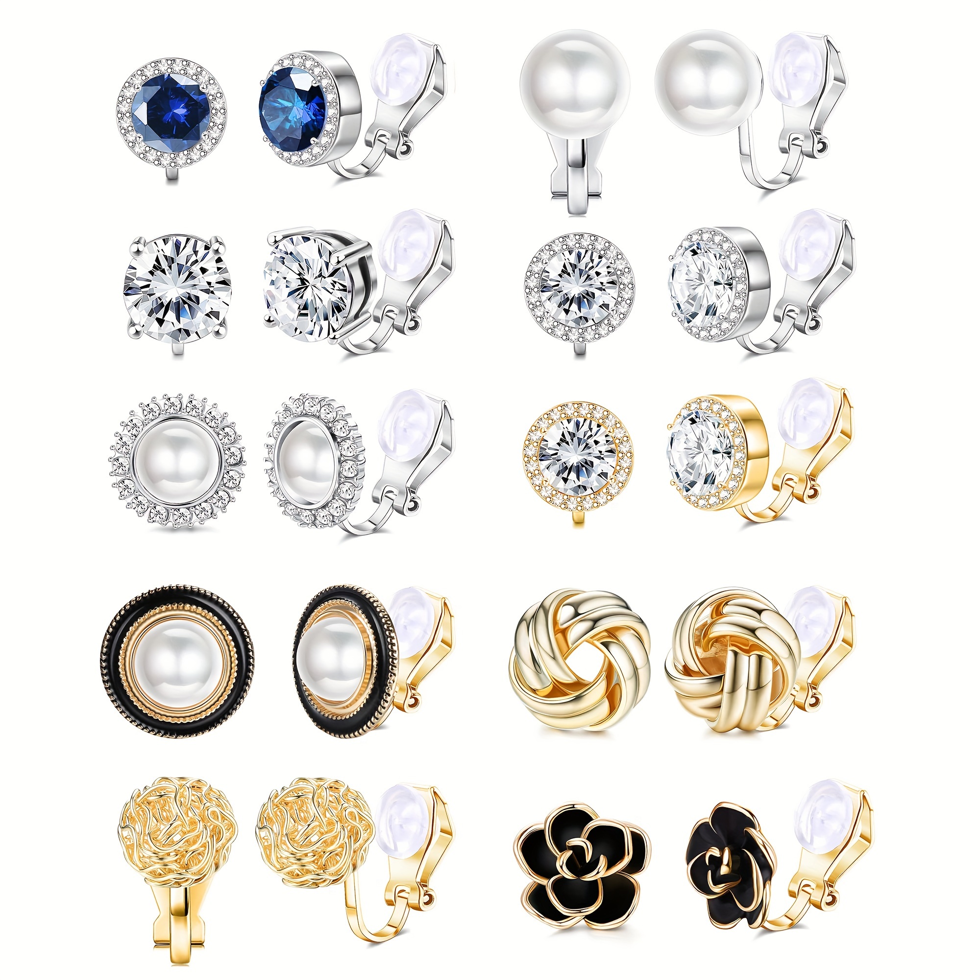 

10 Pair Set Of Delicate Clip On Earrings Round Shaped Embellished With Zircon Zinc Alloy Jewelry Elegant Style For Women
