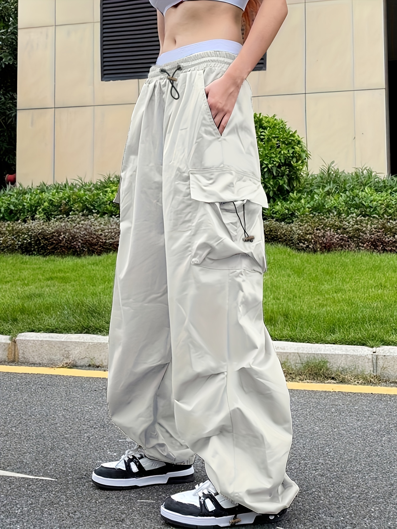 Y2k Draped Cargo Pants Street Wear Solid Drawstring Pants - Temu