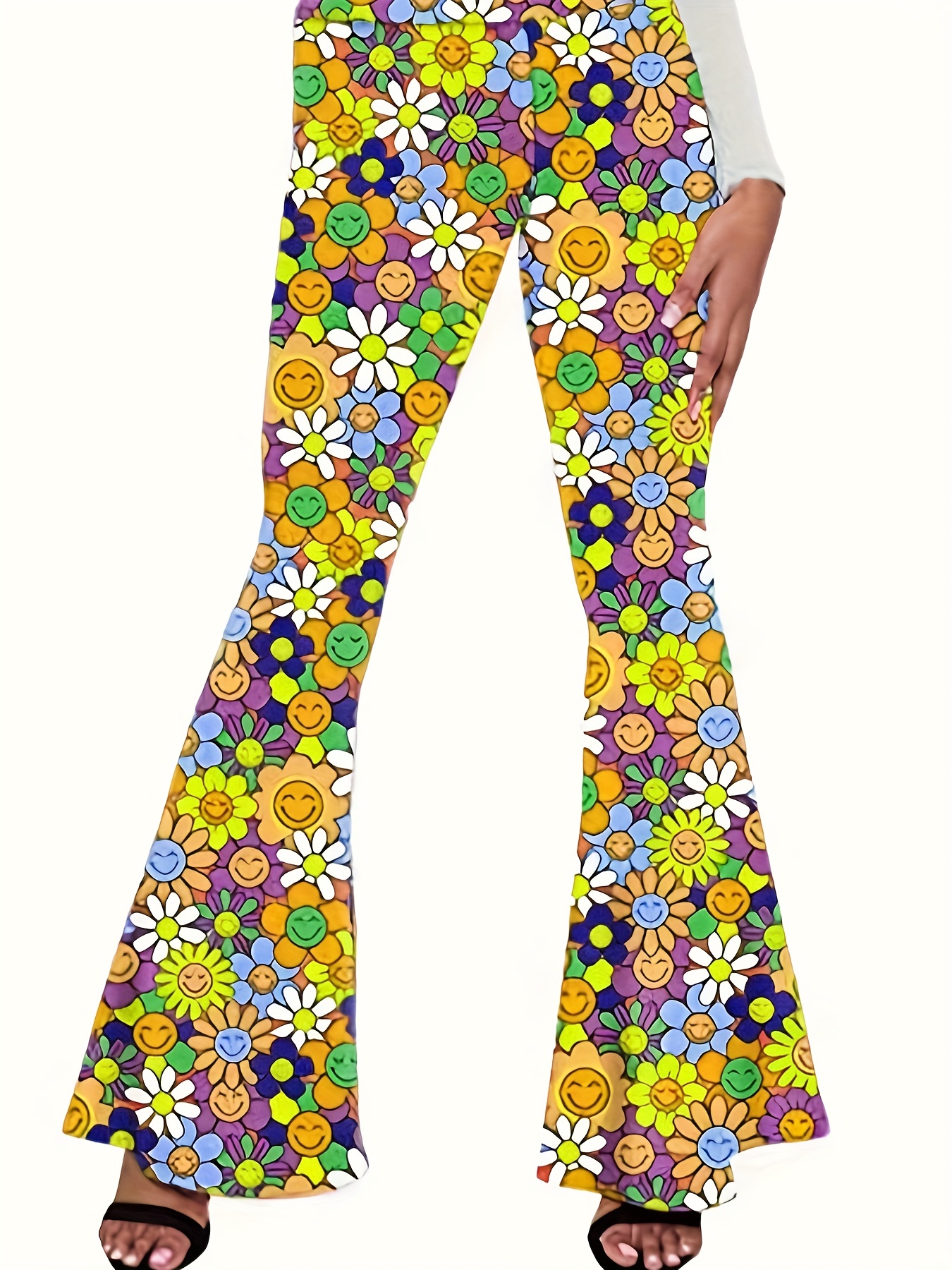 Floral Print High Waist Flare Leg Pants Cute Elastic Waist - Temu