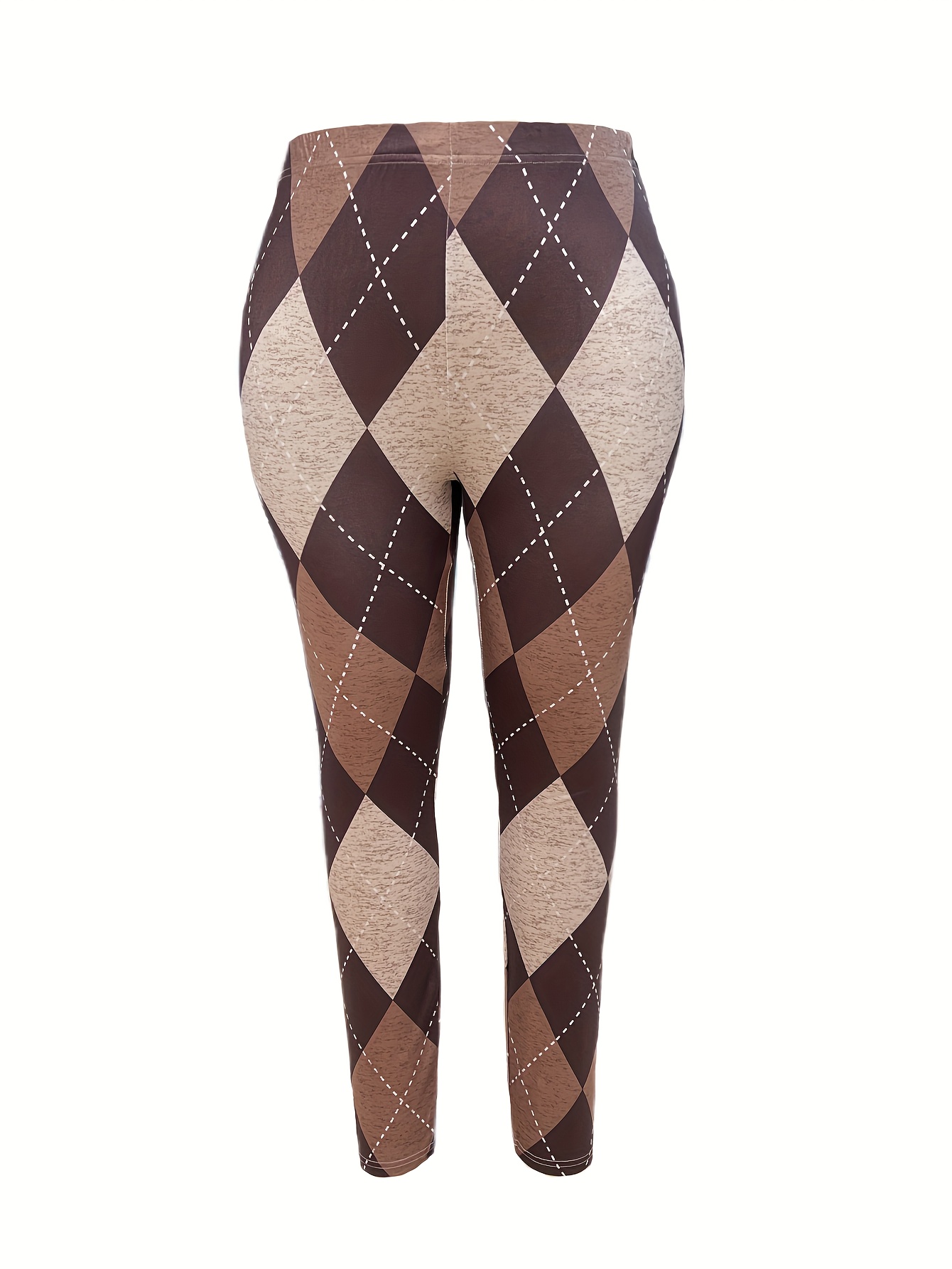 Argyle Leggings for Women Beige Brown Diamond Plaid Pattern Mid Rise Waist  Pants