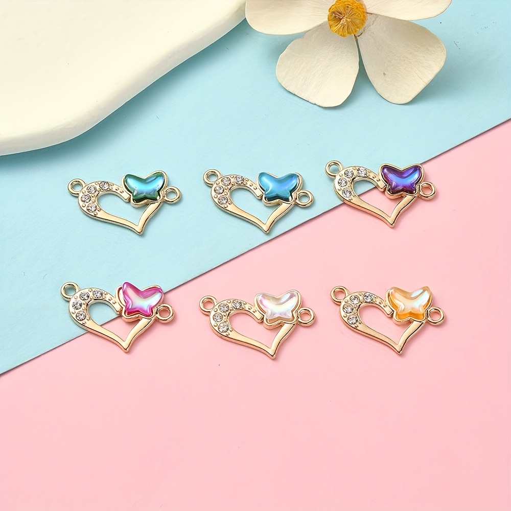 Image of 6 Double-hole Connector Inlaid Rhinestone Hollow Love Heart Alloy Pendant 14*23mm Jewelry Additions Suitable For Jewelry Bracelet Necklace Making