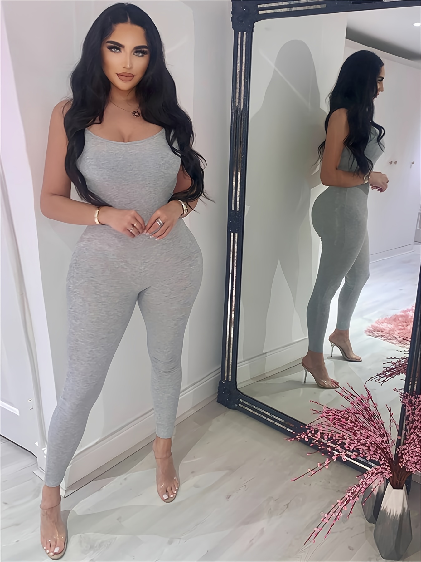 Summer Women Sleeveless Bodycon Jumpsuit Sport Tracksuit Female Gym Fitness  Jumpsuit Lady Solid O Neck Skinny Jumpsuits size S Color gray