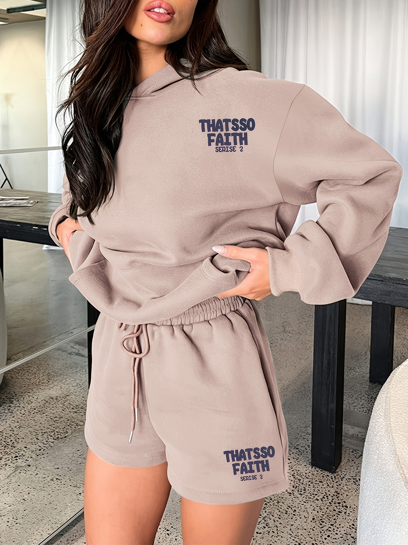 Letter Print Casual Two piece Set Long Sleeve Hoodie - Temu New