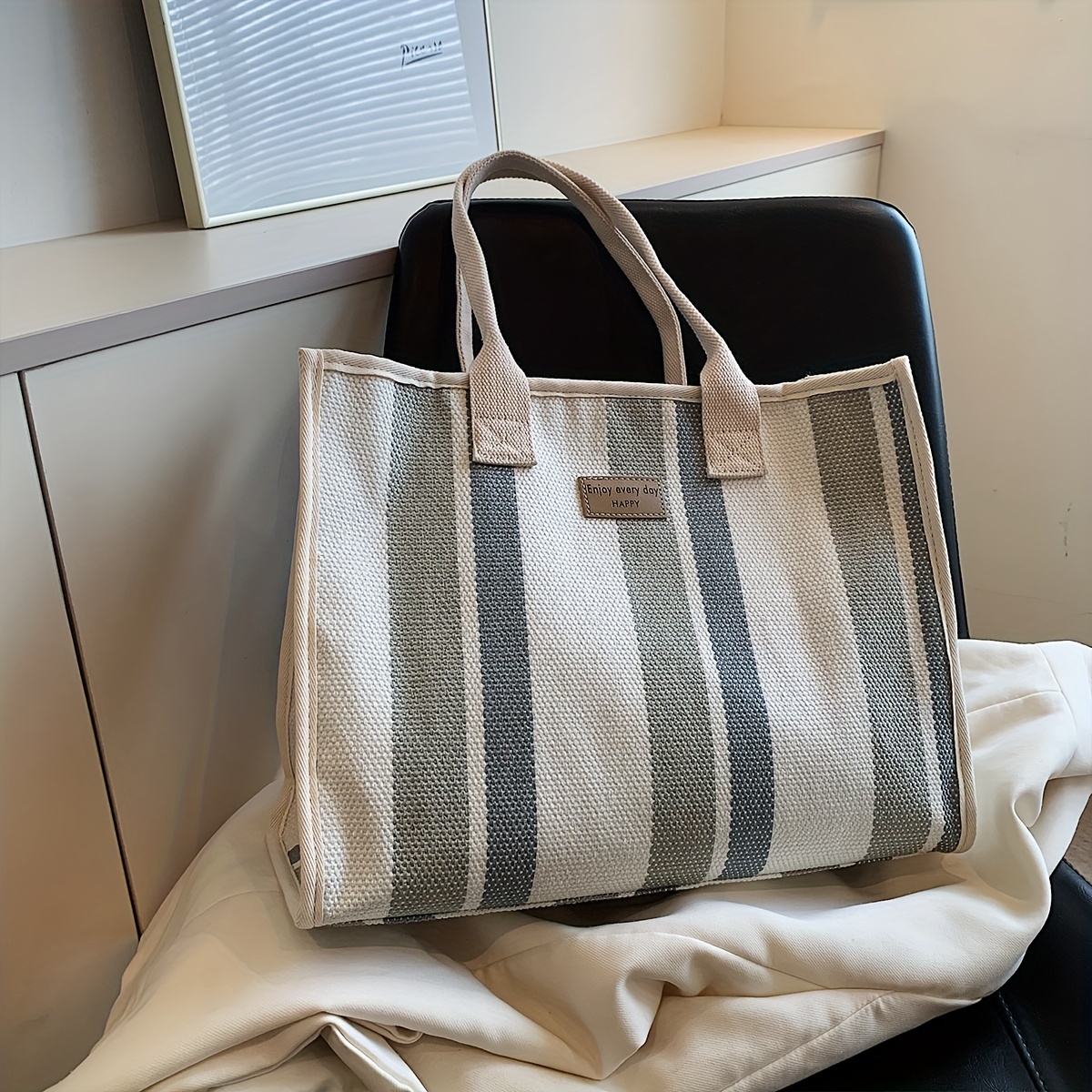 Vertical Stripes Canvas Tote Bag Trendy Colorblock Shoulder Temu