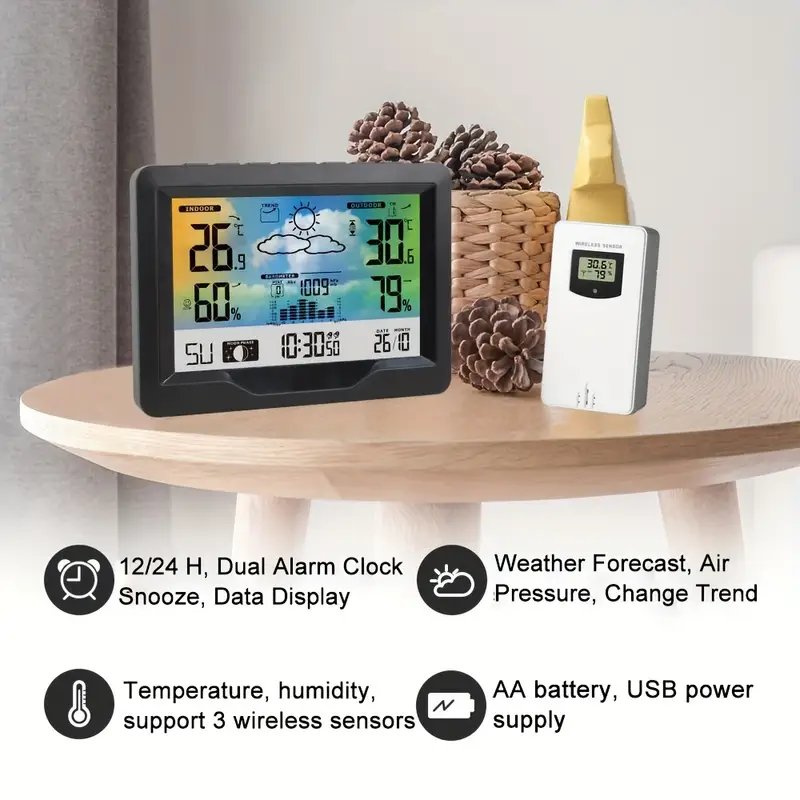 Wireless Digital Weather Station Clock, Indoor And Outdoor Weather  Forecasting Station With Outdoor Sensor Temperature Humidity Meter - Temu