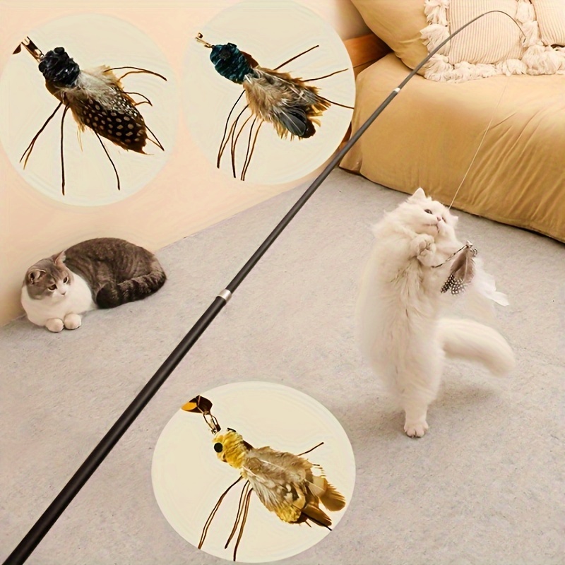 

2pcs Simulated Worm Insect Cat Feather Toy With Bell Replaceable Cat Toy, Retractable Fishing Rod Stick