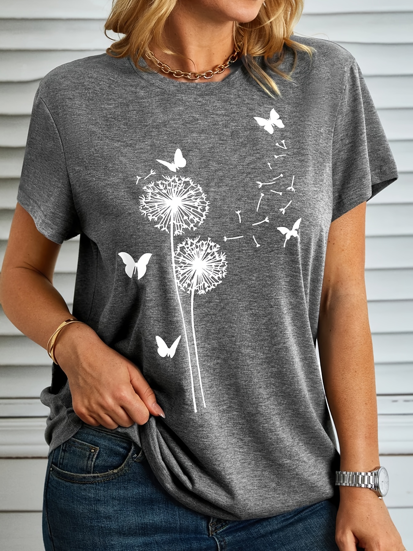 dandelion butterfly print t shirt casual crew neck short sleeve loose t shirt for spring fall womens clothing grey 2