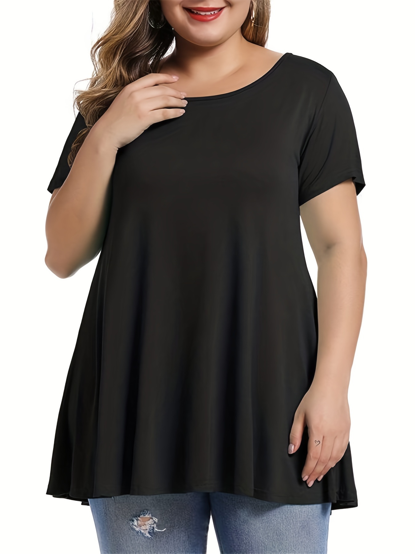 RITERA Plus Size Tops for Women Short Sleeve Summer Shirts Oversized Causal  Crew Round Neck Cross Criss Black Solid Color Basic Tshirt Loose Fit Henley  Shirt Ladies Tunic Blouse 2X 2XL 18W