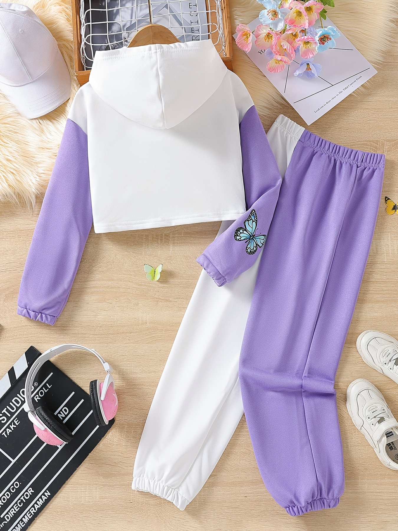 Girl's Butterfly Print 2pcs, Hoodie & Sweatpants Set, Color Clash Casual  Outfits, Kids Clothes For Spring Fall