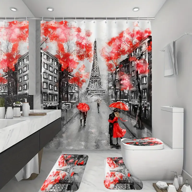 Eiffel Tower Shower Curtain Set Oil Painting City Landscape Temu