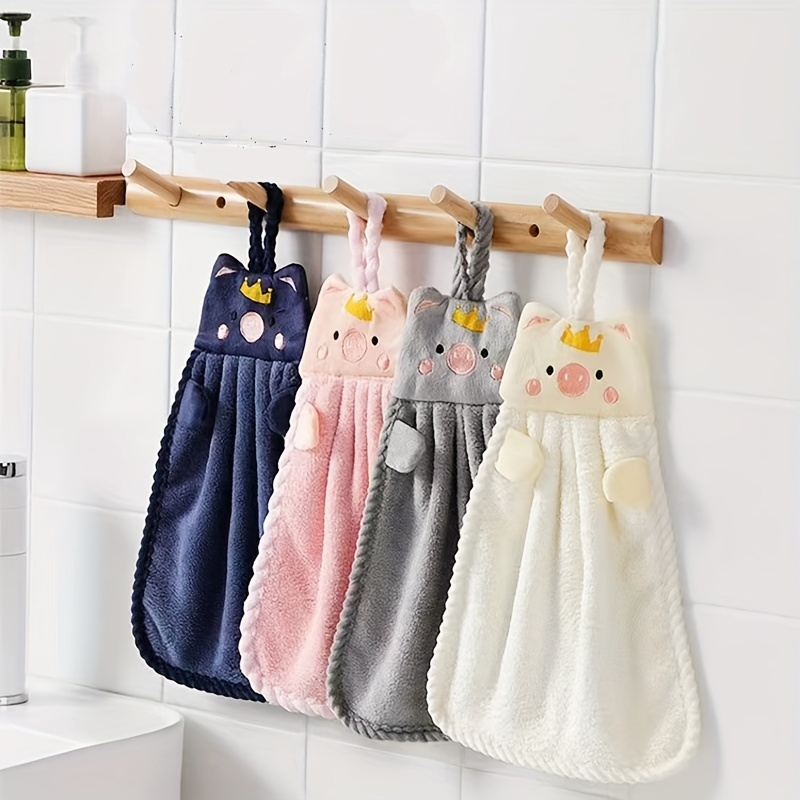 Cute Pig Pattern Hanging Towel For Wiping Hands, Coral Fleece