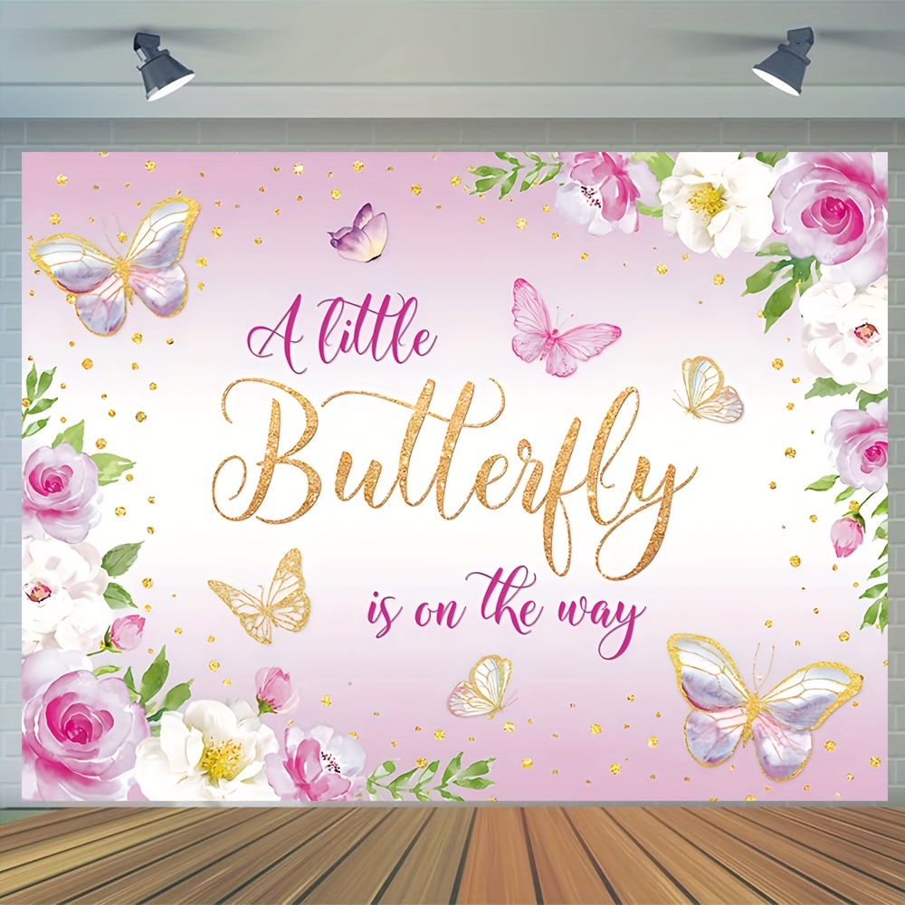 

1pc, Butterfly Baby Shower Photography Backdrop, Vinyl Pink Butterfly On The Way Cake Table Birthday Party Banner Photo Booth Props 82.6x59.0 Inch/94.4x70.8 Inch