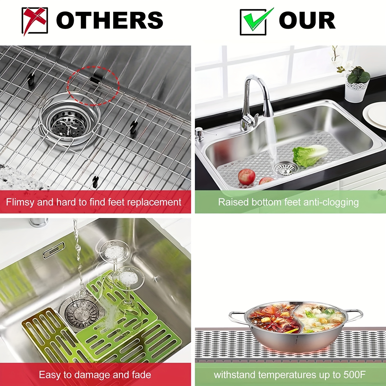 Kitchen Silicone Sink Protector Mat 28''×14'' Farmhouse Sink Protectors for  Stainless Steel Kitchen Grey Sink Grid with Rear Drain