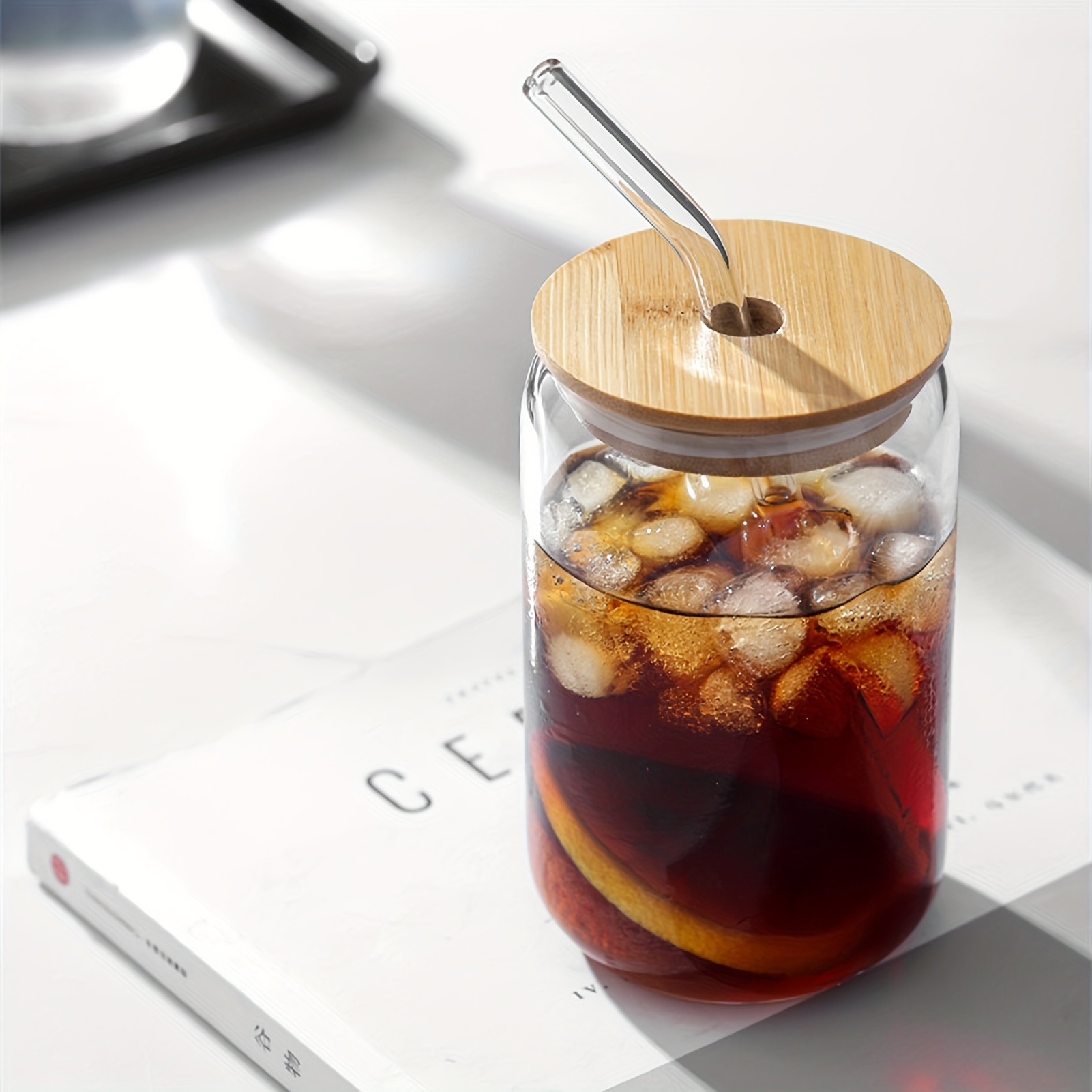 Reusable Glass Coke Cup With Bamboo Lid and Straws Cup Drinking