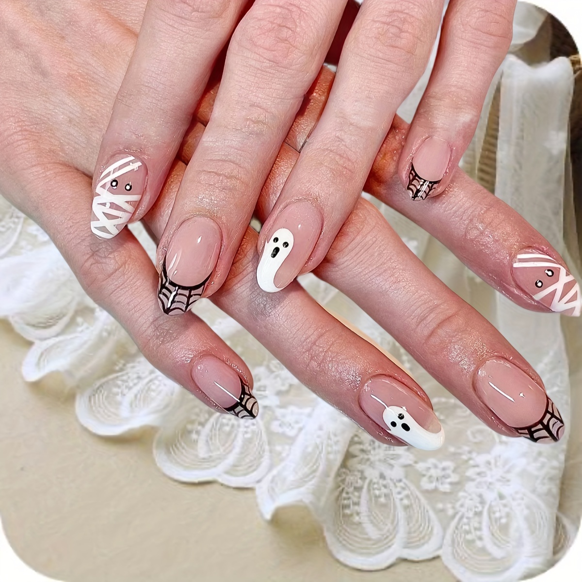 White French Tip Fake Nails, Halloween Glitter Press On Nails With Cute  Heart Spider Web Design, Glossy Glue On Nails Full Cover Long Coffin False Nails  For Women Girls - Temu