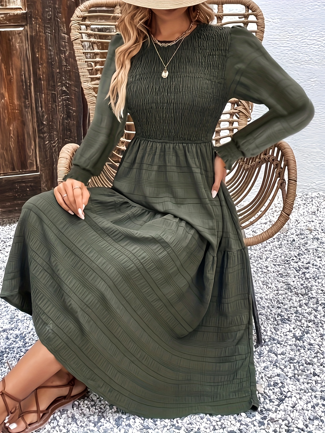 Textured Shirred Dress, Elegant Long Sleeve Solid Midi Dress, Women's ...