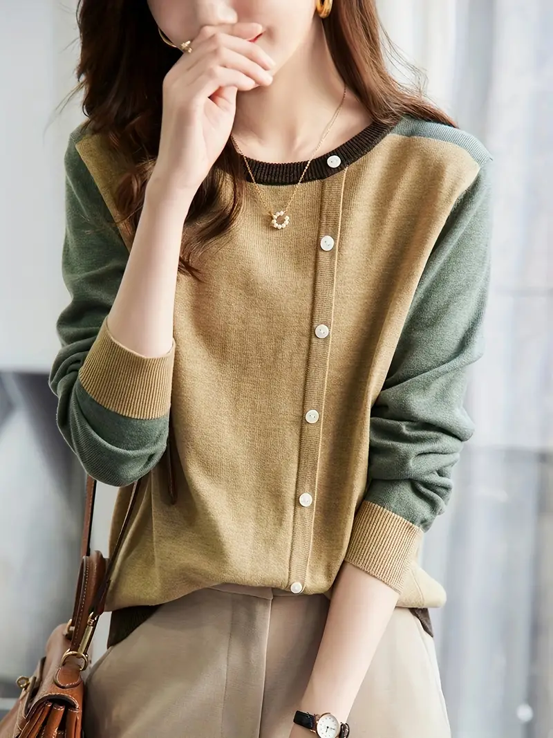 カラーブロックボタン装飾プルオーバーセーター、春秋用カジュアル長袖薄手セーター、婦人服 0