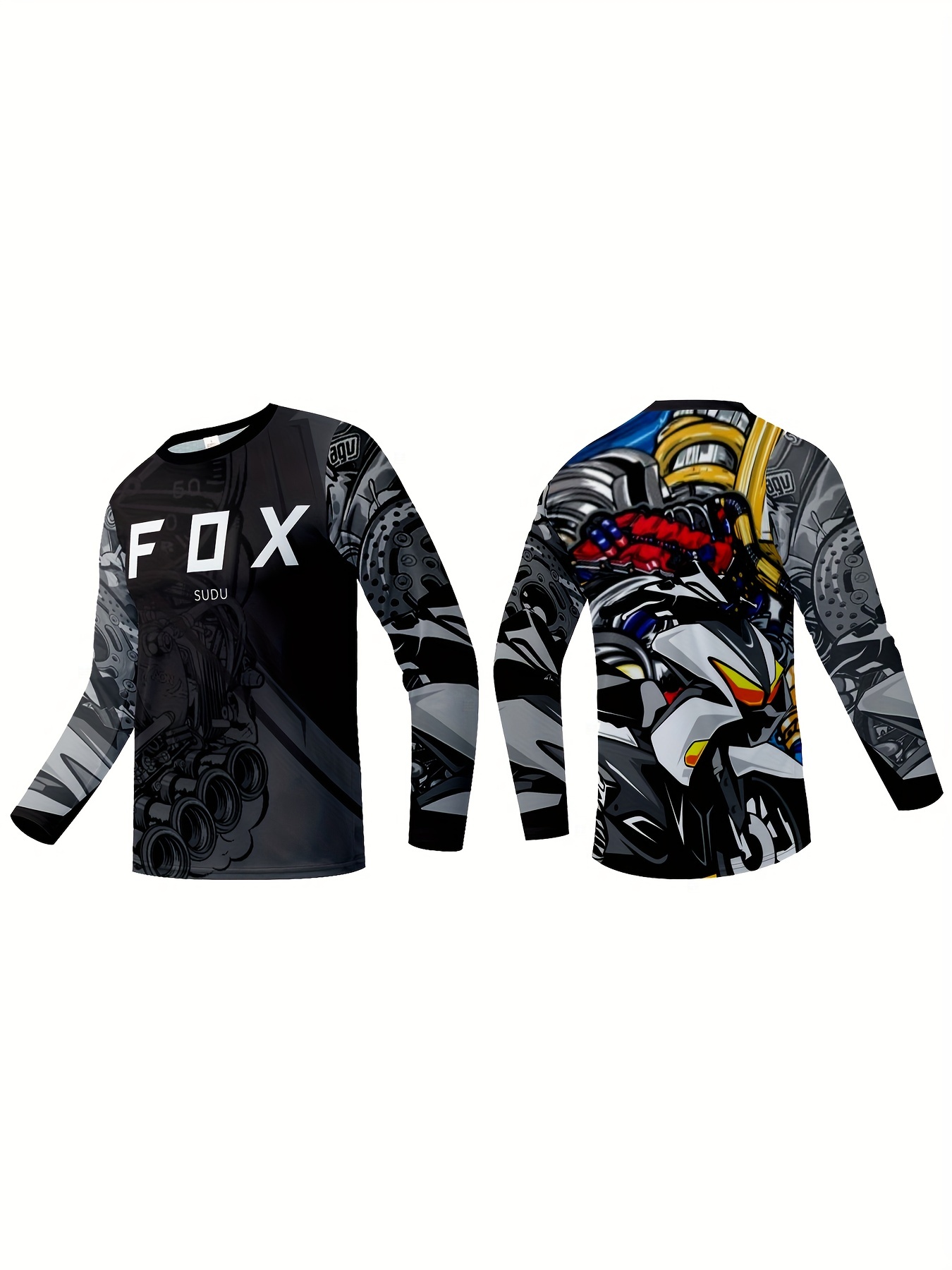 Men's Collage Style Cycling Jersey, Bike Jersey, Quick Dry Breathable Moisture Wicking Loose Long Sleeve MTB Shirt for Downhill Biking Riding