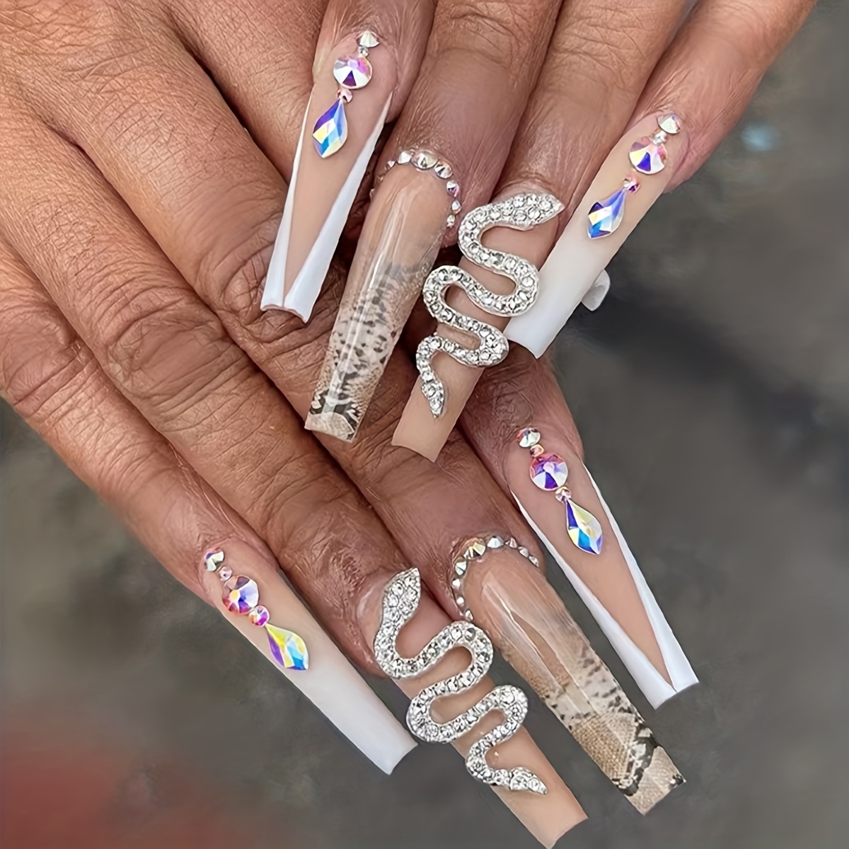 Nude French Tip Press On Nails Long Bling Snake Rhinestone False Nail White  Gradient * Nails Press On Coffin Artificial Nails For Women 24pcs