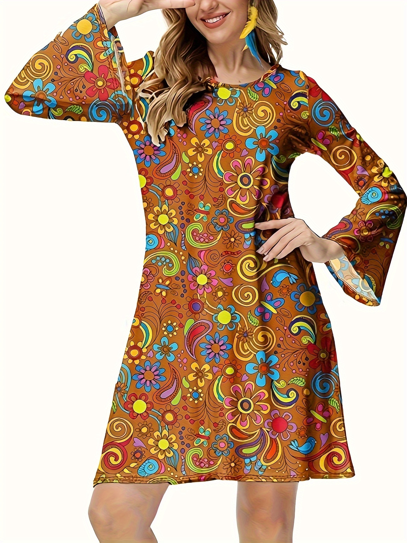 Hippie Halloween Cosplay Dress Long Sleeve Random Print - Temu