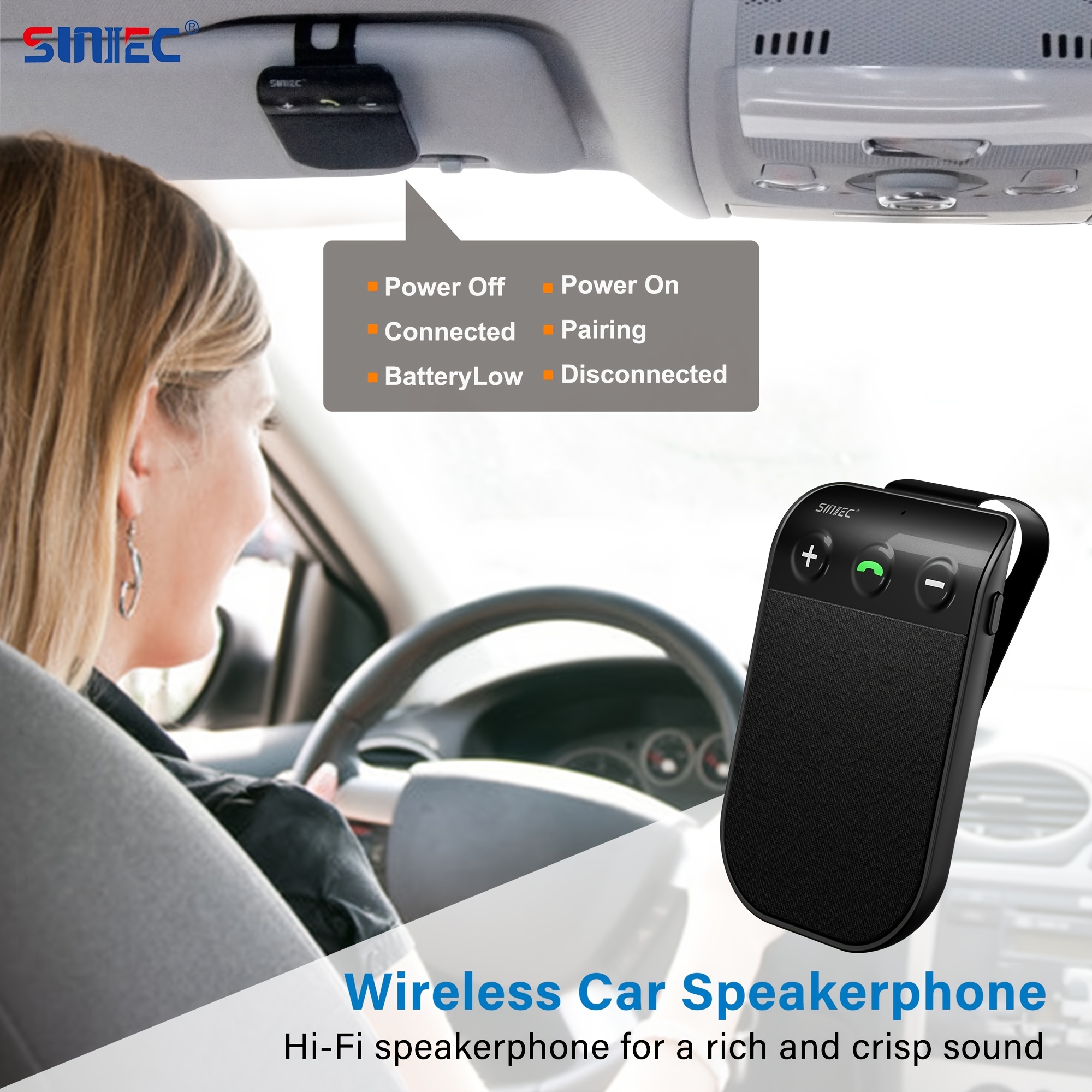 SUNITEC Kit Vivavoce Bluetooth da Auto 5.0,Supporto Siri,Auto  ON,Co,nnessione Automatica,Guida Vocale,Musica, 2 Connessioni per Telefoni