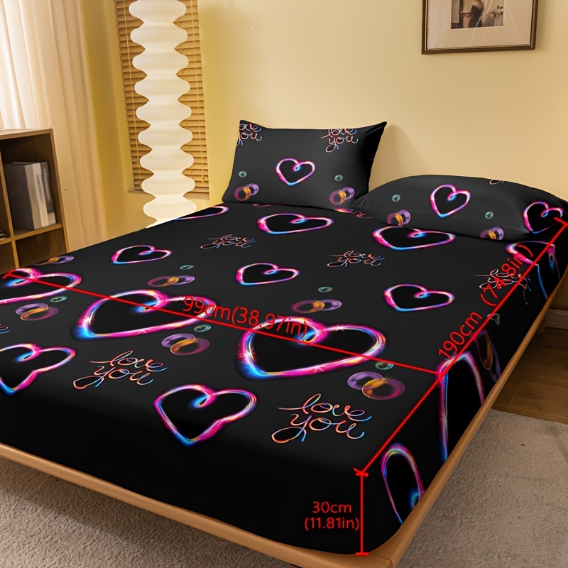 TEMU 1pc Colorful Love Print Brushed Fitted Sheet (without Pillowcase), Soft Comfortable Bedding Mattress Protector, For Bedroom, , With Deep Pocket, Fitted Bed Sheet Only