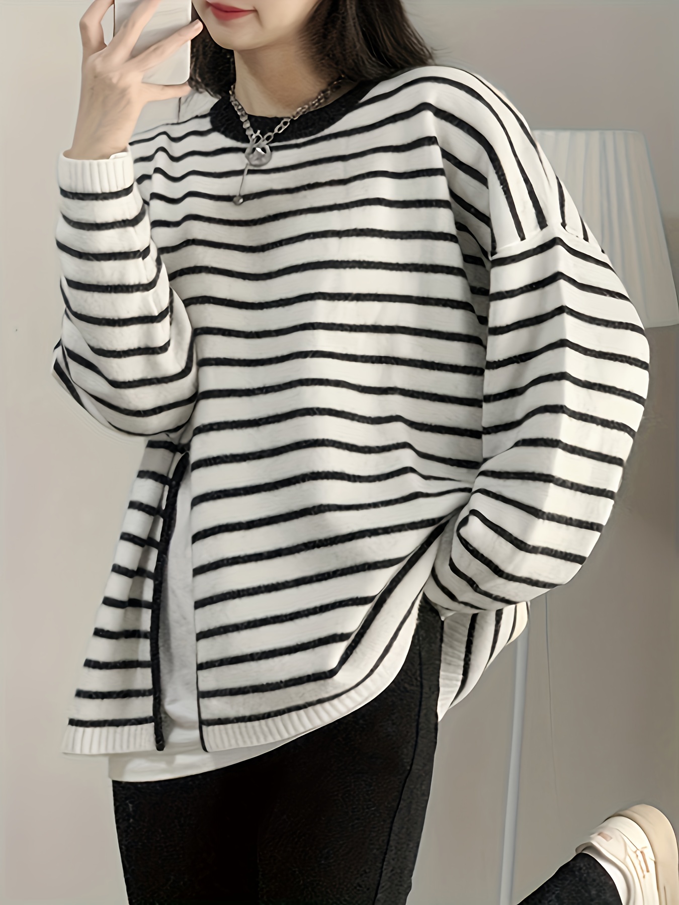 Women Vintage Striped Sweater Knitted Long Sleeve Loose