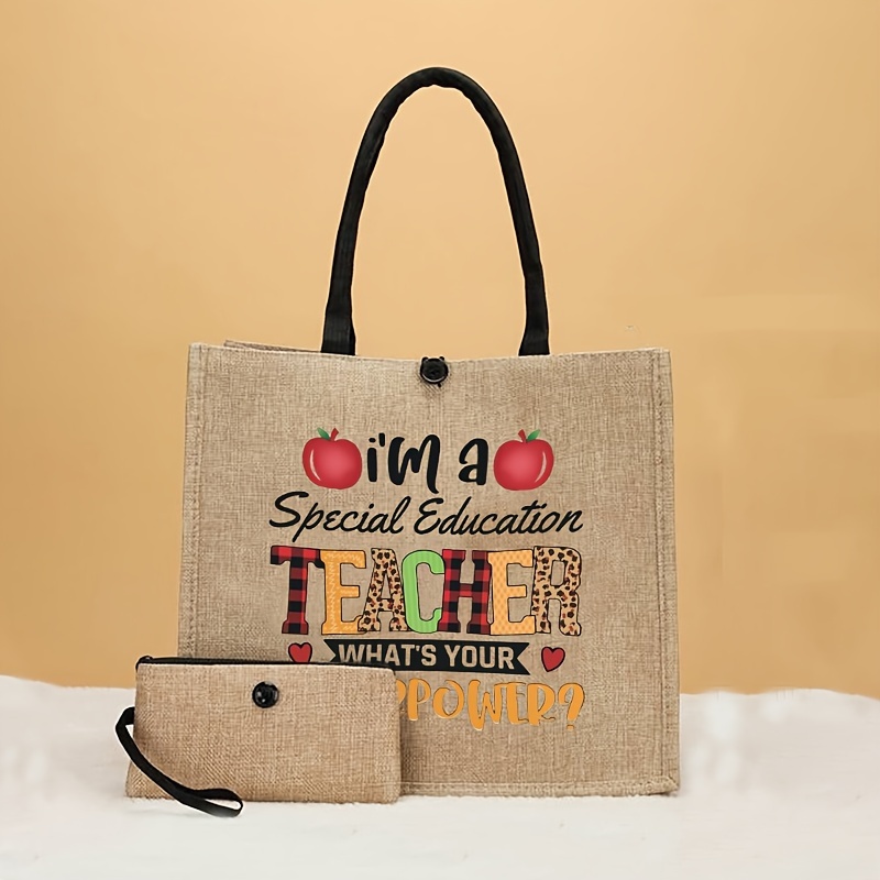 

Teacher Letter Print Tote Bag, Large Capacity Gift Bag, Women's Casual Handbag & Purse For Work School Shopping