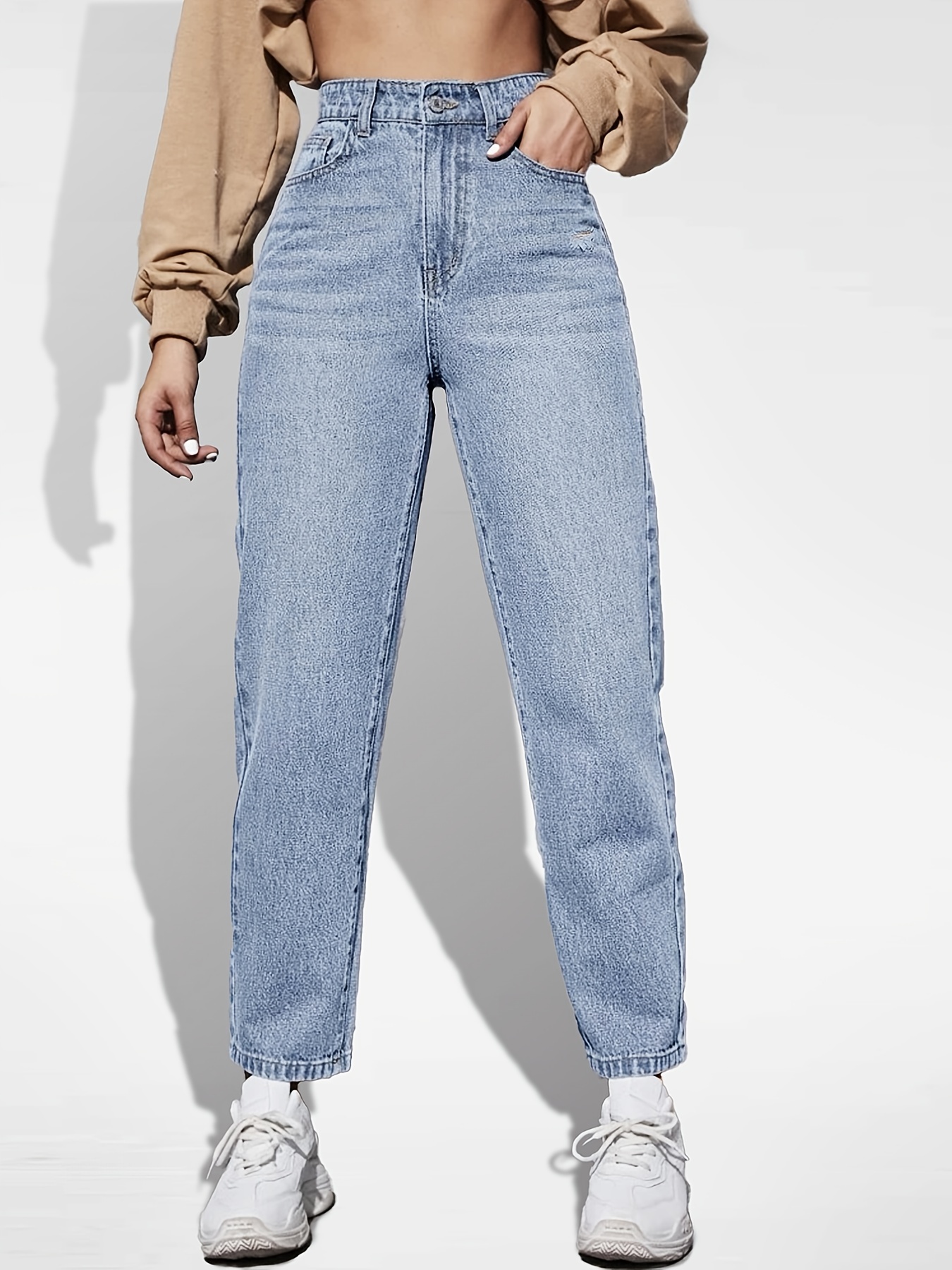 Jeans rectos de talle alto * pantalones de mezclilla holgados de tiro alto  con bolsillos oblicuos, jeans y ropa de mujer