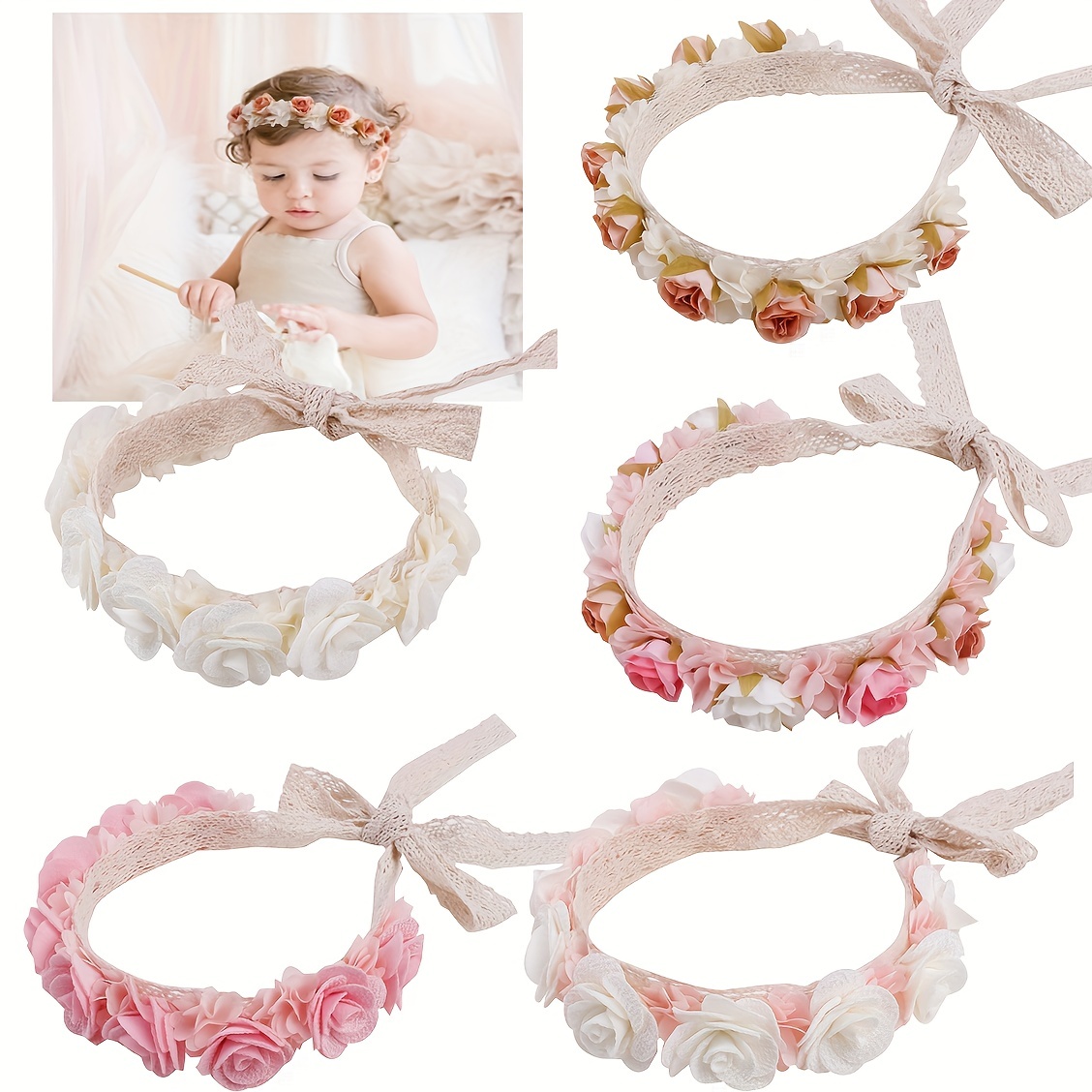 Bandeau cheveux bébé en dentelle blanc rose - Douce Fantaisie