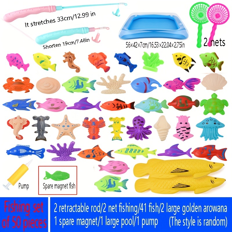 Magnetic Fishing Pool Toys Game For Kids - Water Table Bathtub Kiddie Party  Toy With Pole Rod Net Plastic Floating Fish Toddler Color Ocean Sea Animal