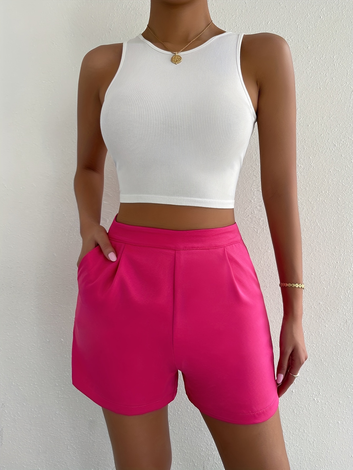 Solid High Waist Shorts, Eleganti Pantaloncini Con Doppie Tasche Per La  Primavera E L'Estate, Abbigliamento Da Donna