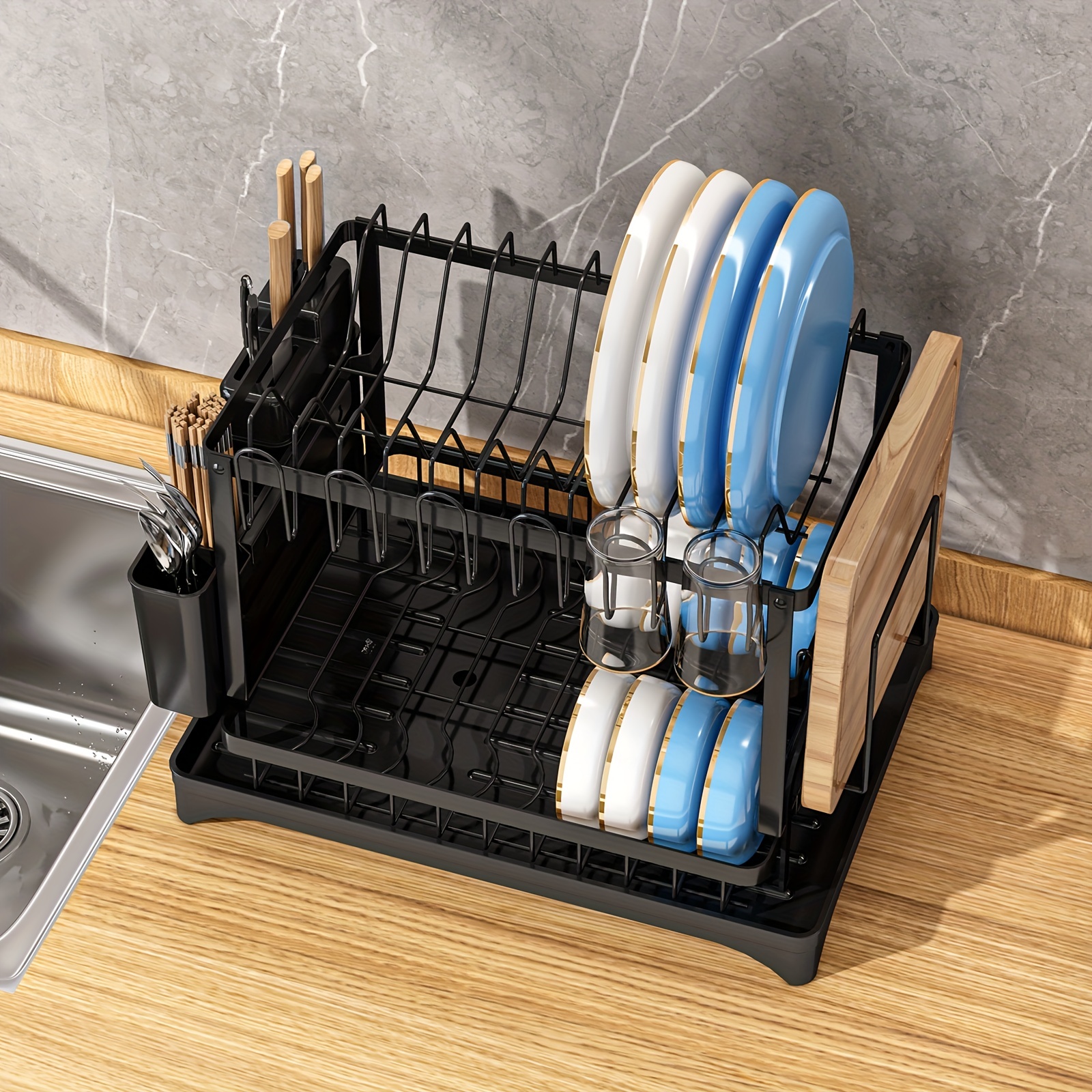 Dish drying rack, Dish rack for kitchen counter, 2 tier large dish drying  rack with drainboard, stainless steel dish drainer with drainage utensil  holder, for dish, Knives, Cup, Cutting board, Kitchen Accessories 