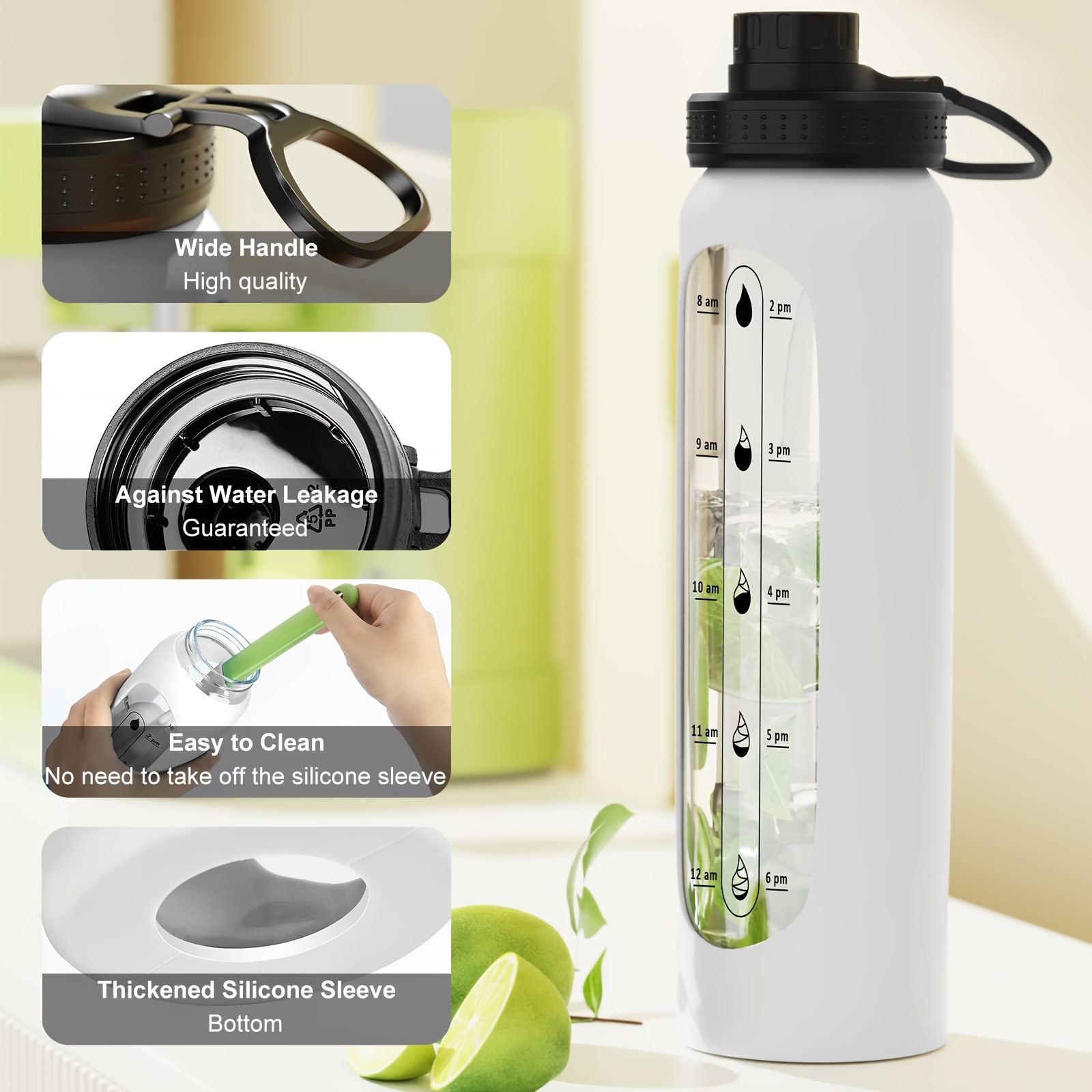32 oz Glass Water Bottle with Time Marker Reminder and Silicone Sleeve  (WHITE)