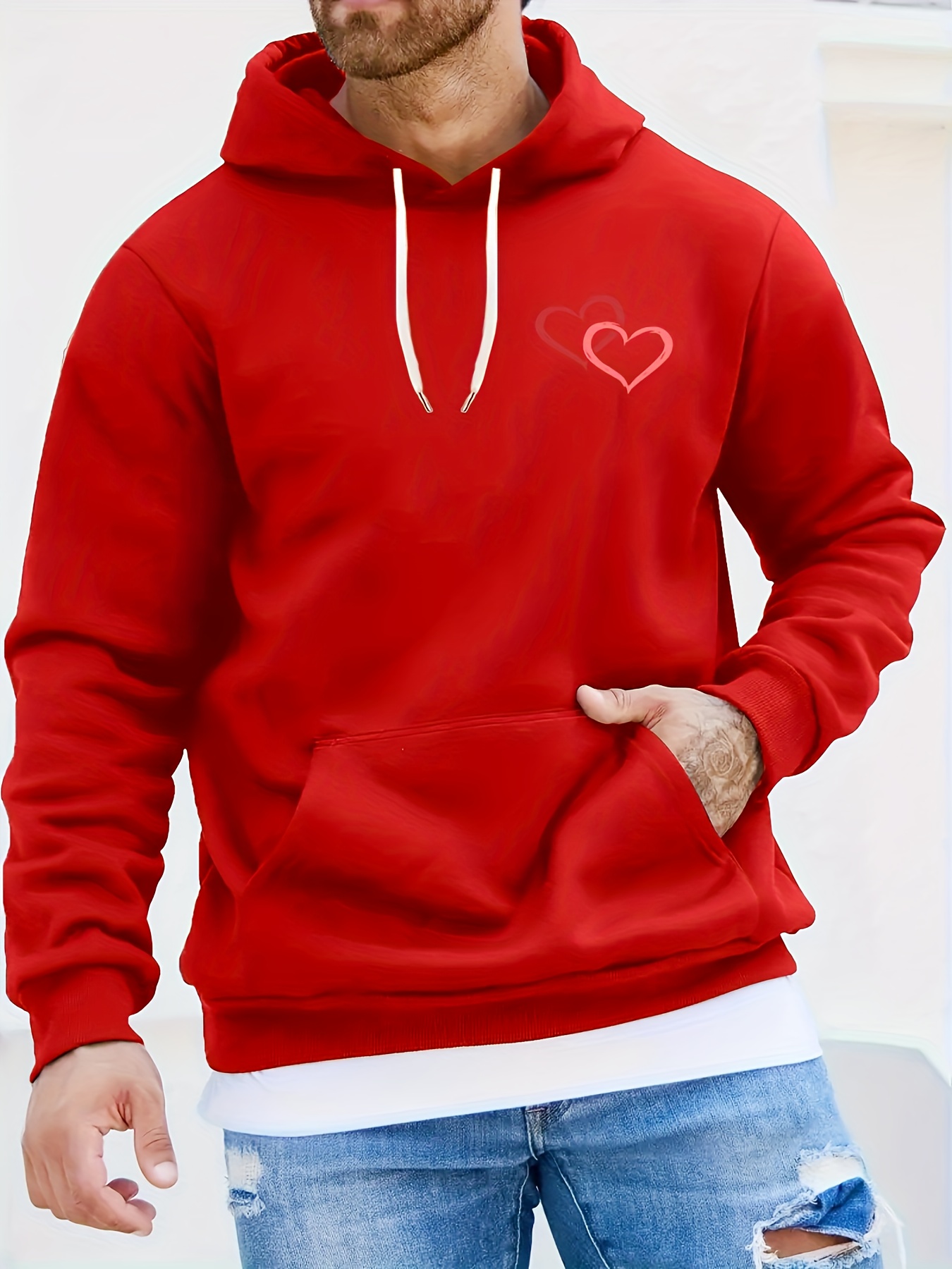 Double Red Hearts Print Hoodie Men's Casual Creative Graphic - Temu