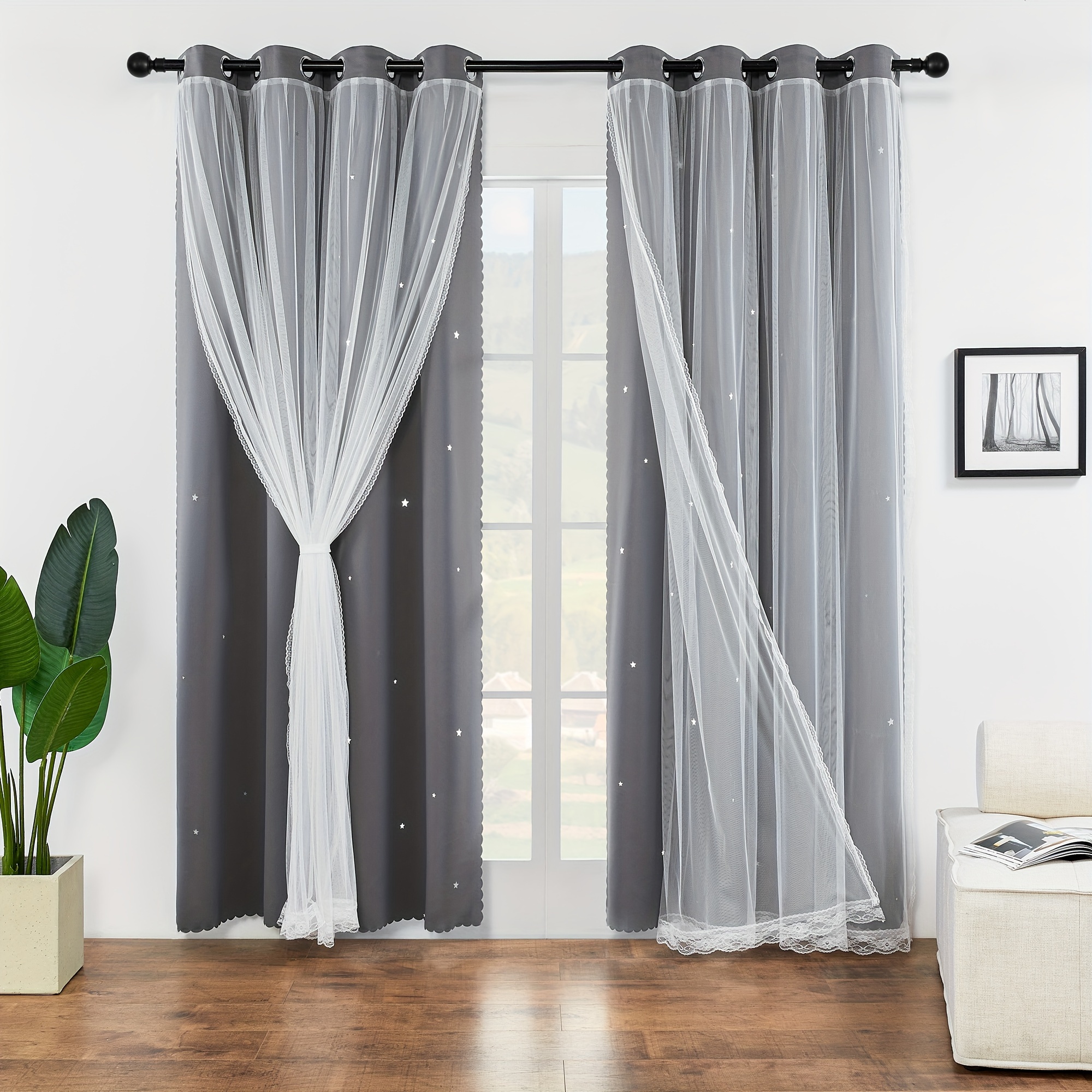 Cortinas opacas de doble capa, color gris, con tratamiento de ventana,  cortina de gasa de doble cubierta, cortinas opacas de tul bordadas, cortina  de