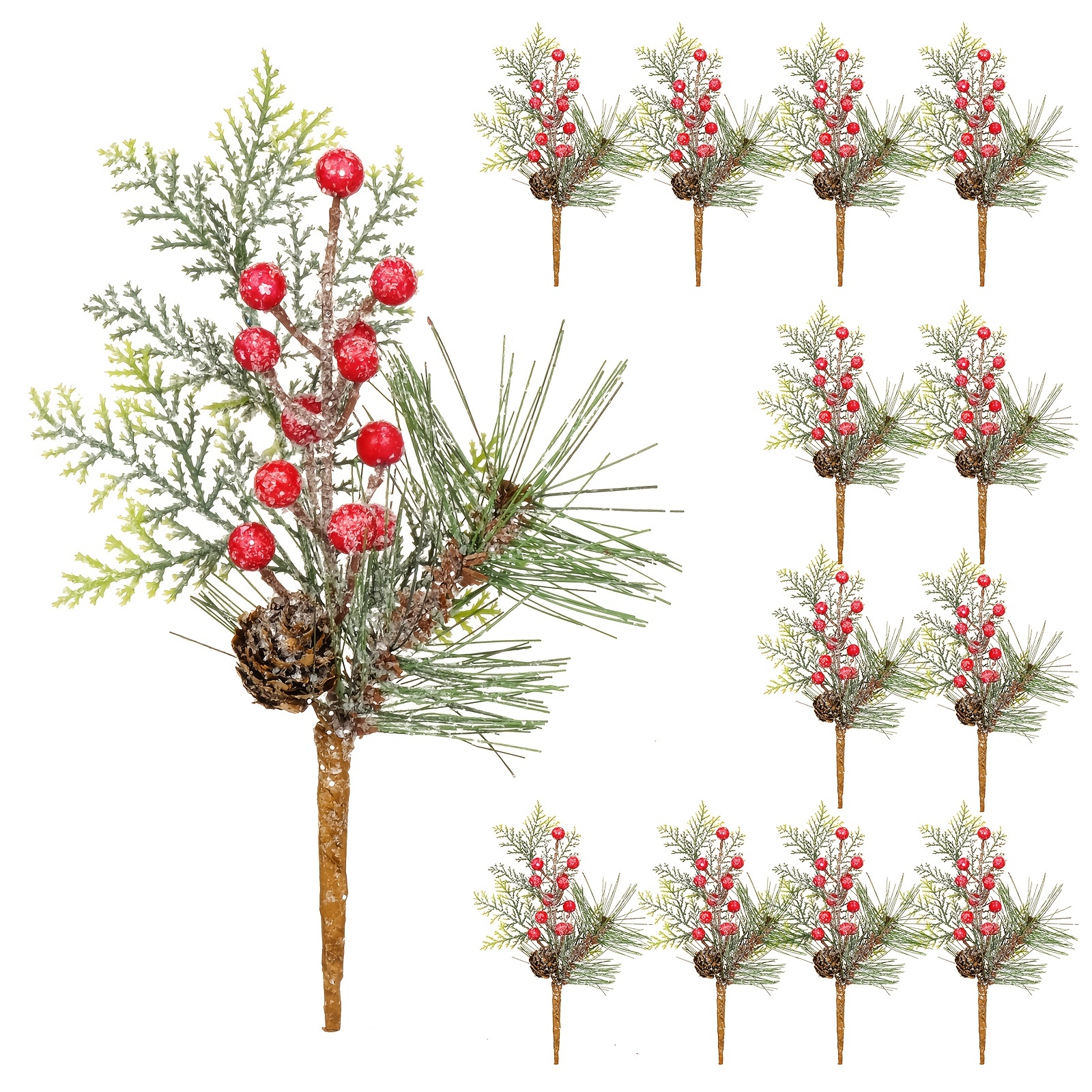 Red Berries on a Christmas Tree with a Pine Cone are Covered with