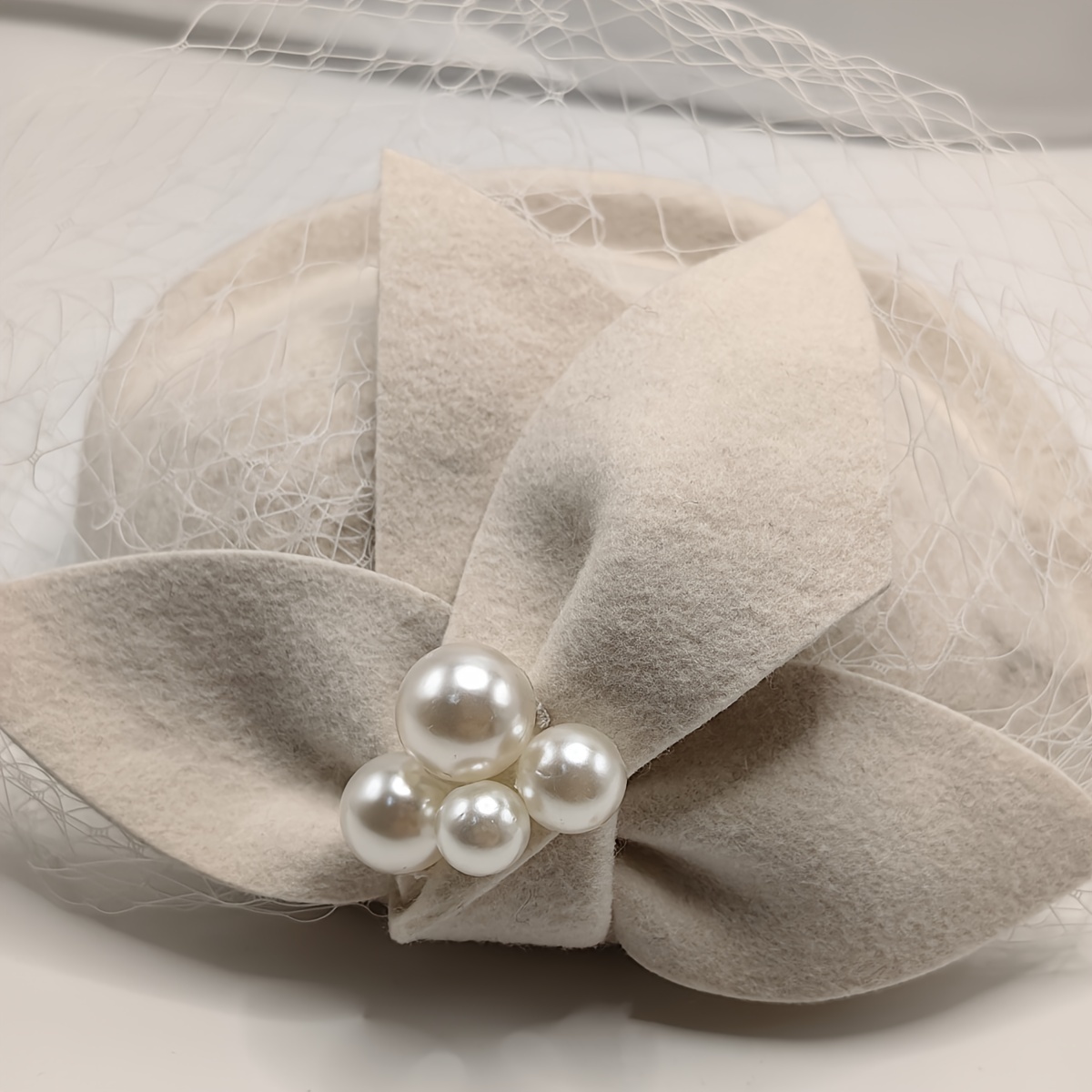 elegant wool fascinator hat veil pearl accent light beige - Temu