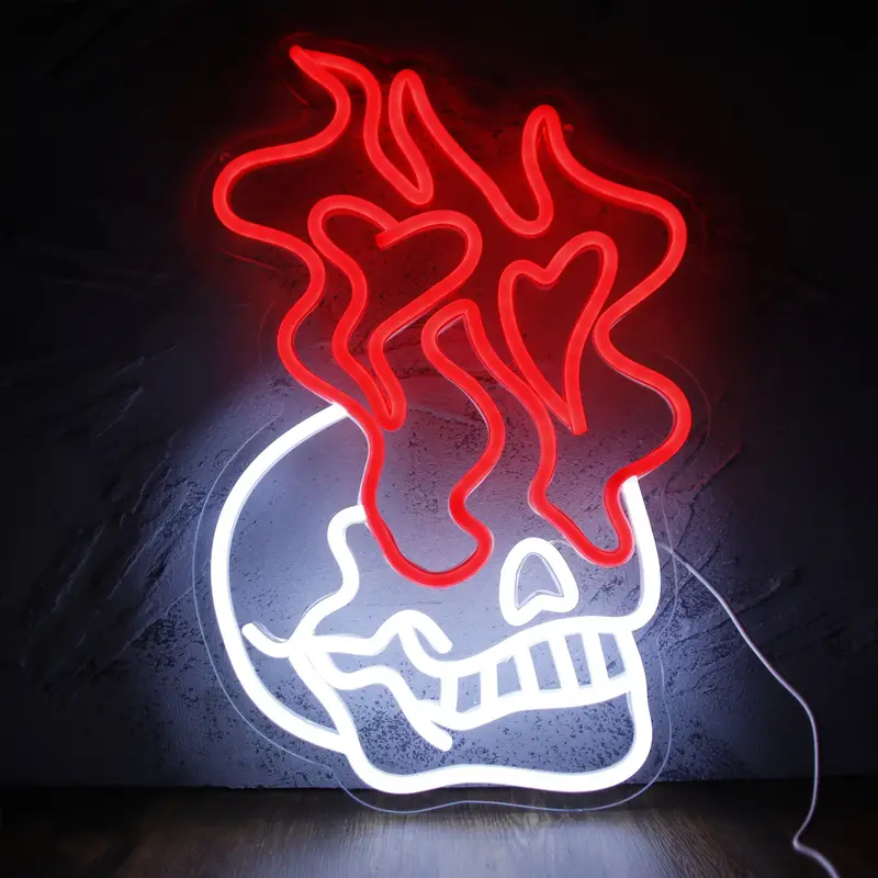 1pc Halloween Skull Head Neon Signs For Wall Decor Halloween Interior Decoration LED Signs Skeleton Neon Sign Skull Fire Neon Lights For Man Cave Club Bedroom Halloween Gifts 16 1 10 6in details 0