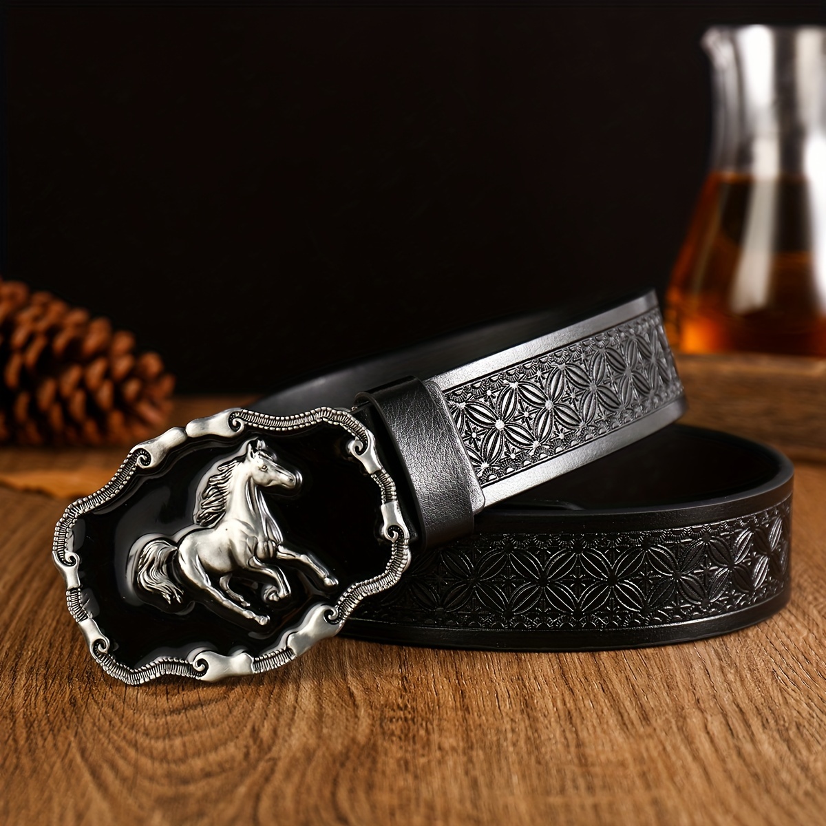 

Western Horse Head Belt - Men's Casual Leather Belt With Smooth Pu Strap And Alloy Horse