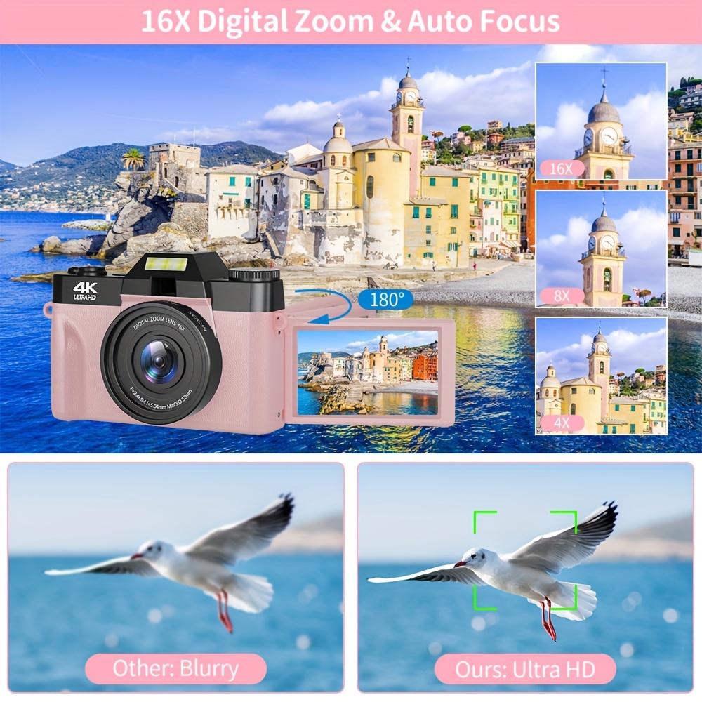 4K Dijital Kamera, 48MP Vlogging Kamera, 3.0 İnç 180° Flip Ekran Kompakt Kamera, 16X Dijital Yakınlaştırma, Wifi Fonksiyonu, Otomatik Odaklama, 32GB TF Kart ve 2 Batarya ile