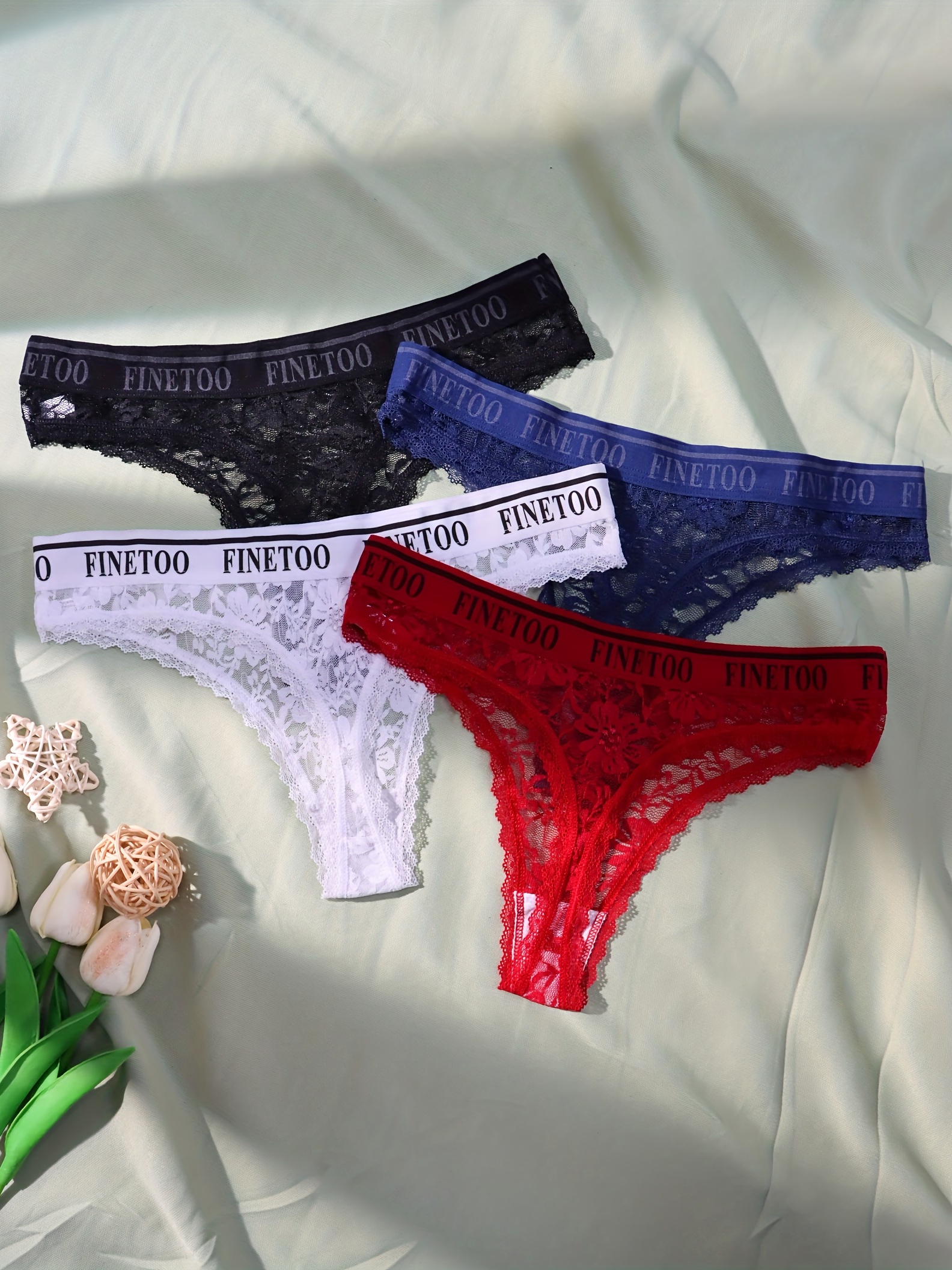 4 Pcs Women's Breathable Letter Waist Thong Panties, Solid High Elastic  Flower Print Panties, Women's Underwear & Lingerie
