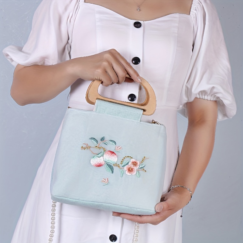 Women's Hand Embroidery Bag Wooden Handle Handbag - Fashion Hanfu