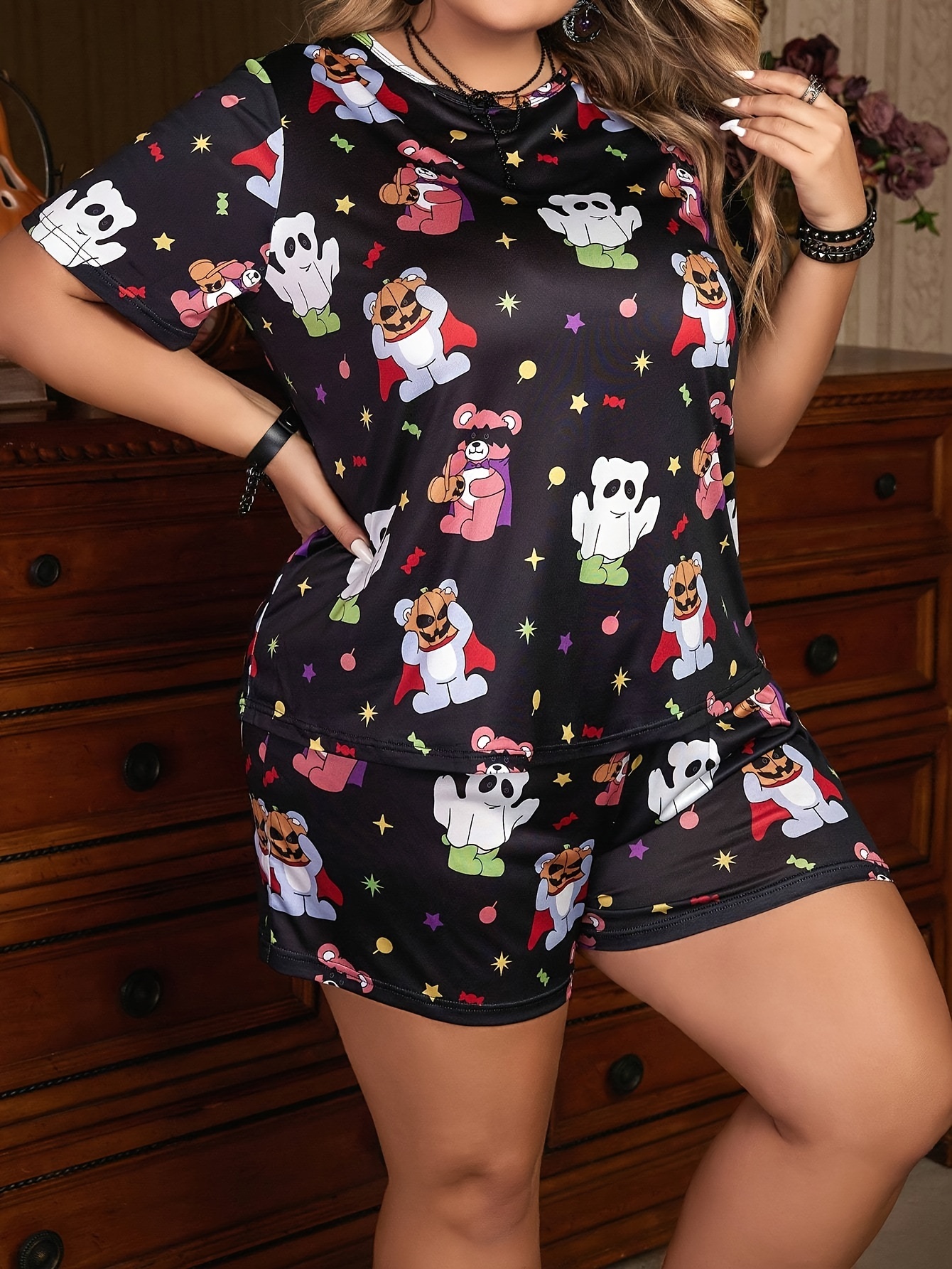 Cartoon Ghost & Pumpkin Print Pajama Set
