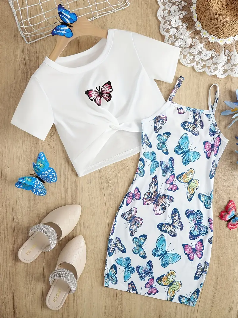 girls butterfly graphic twist knot short sleeve tee top cami dress set for party kids summer clothes details 5
