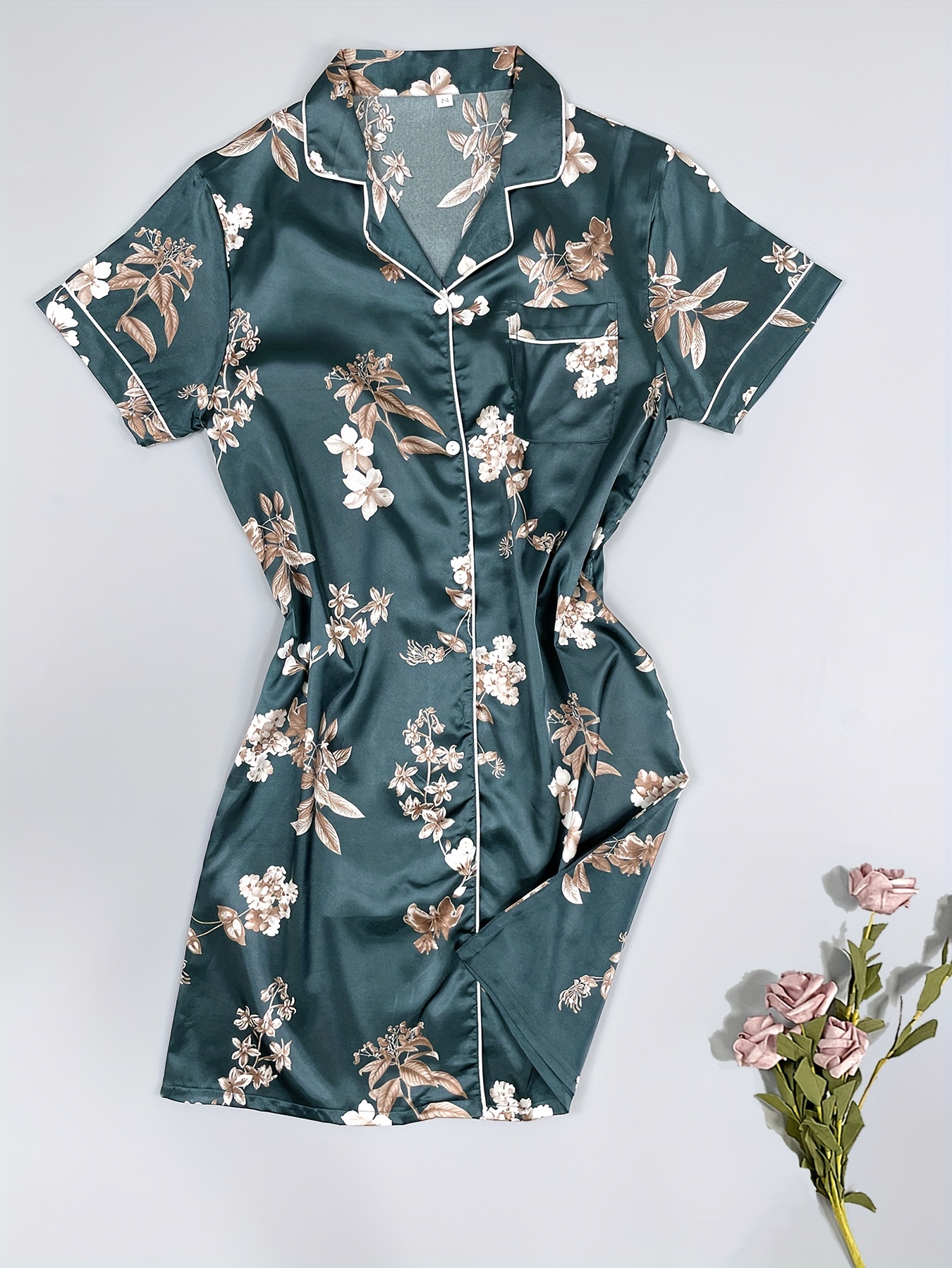 Heart Print NightDress, Short Sleeve Buttons Pajama Dress, Women's  Sleepwear & Dresses