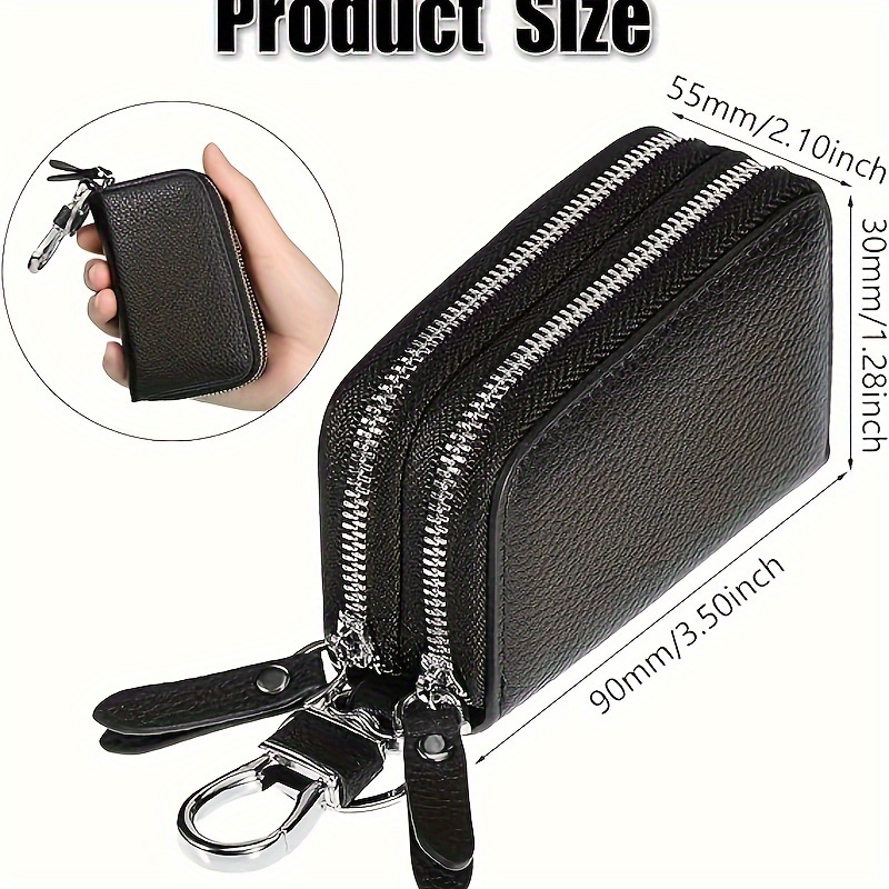 2pcs Car Key Case Double-Deck Faux Leather Purse Key Bag, Keychain Card Holder, Keyring Zipper Bag,Temu